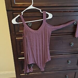 Express Burgundy Striped Off-Shoulder Bodysuit